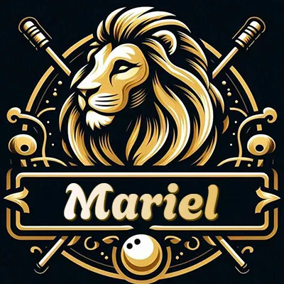 Logo clásico de cabeza de león en oro mate dentro de marco circular, nombre en rectángulo dorado. - Mariel
