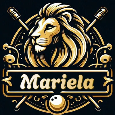 Logo clásico de cabeza de león en oro mate dentro de marco circular, nombre en rectángulo dorado. - Mariela