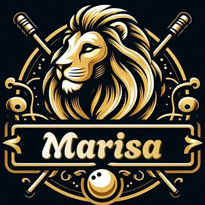 Logo clásico de cabeza de león en oro mate dentro de marco circular, nombre en rectángulo dorado. - Marisa
