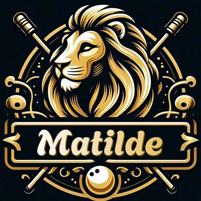 Logo clásico de cabeza de león en oro mate dentro de marco circular, nombre en rectángulo dorado. - Matilde