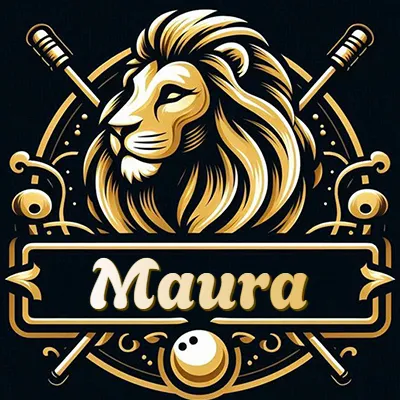 Logo clásico de cabeza de león en oro mate dentro de marco circular, nombre en rectángulo dorado. - Maura