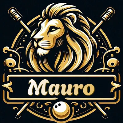 Logo clásico de cabeza de león en oro mate dentro de marco circular, nombre en rectángulo dorado. - Mauro