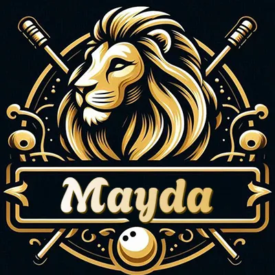 Logo clásico de cabeza de león en oro mate dentro de marco circular, nombre en rectángulo dorado. - Mayda