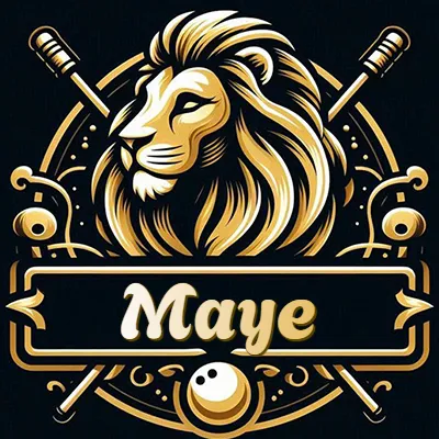 Logo clásico de cabeza de león en oro mate dentro de marco circular, nombre en rectángulo dorado. - Maye