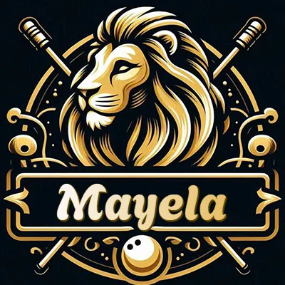 Logo clásico de cabeza de león en oro mate dentro de marco circular, nombre en rectángulo dorado. - Mayela