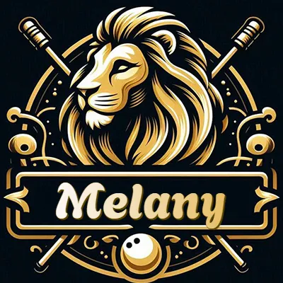 Logo clásico de cabeza de león en oro mate dentro de marco circular, nombre en rectángulo dorado. - Melany
