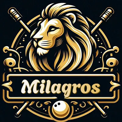 Logo clásico de cabeza de león en oro mate dentro de marco circular, nombre en rectángulo dorado. - Milagros