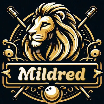 Logo clásico de cabeza de león en oro mate dentro de marco circular, nombre en rectángulo dorado. - Mildred