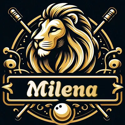 Logo clásico de cabeza de león en oro mate dentro de marco circular, nombre en rectángulo dorado. - Milena