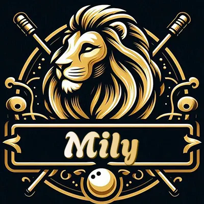 Logo clásico de cabeza de león en oro mate dentro de marco circular, nombre en rectángulo dorado. - Mily