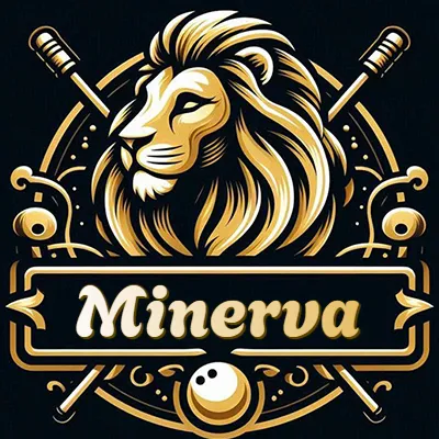 Logo clásico de cabeza de león en oro mate dentro de marco circular, nombre en rectángulo dorado. - Minerva