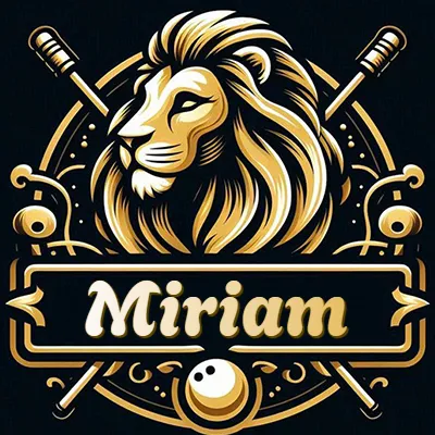 Logo clásico de cabeza de león en oro mate dentro de marco circular, nombre en rectángulo dorado. - Miriam