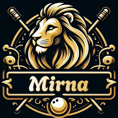 Logo clásico de cabeza de león en oro mate dentro de marco circular, nombre en rectángulo dorado. - Mirna