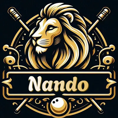 Logo clásico de cabeza de león en oro mate dentro de marco circular, nombre en rectángulo dorado. - Nando