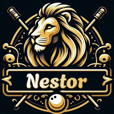 Logo clásico de cabeza de león en oro mate dentro de marco circular, nombre en rectángulo dorado. - Nestor