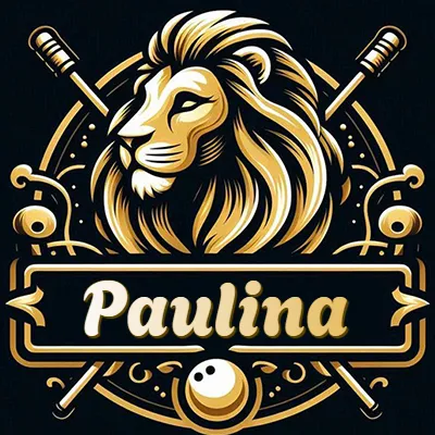 Logo clásico de cabeza de león en oro mate dentro de marco circular, nombre en rectángulo dorado. - Paulina