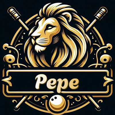 Logo clásico de cabeza de león en oro mate dentro de marco circular, nombre en rectángulo dorado. - Pepe