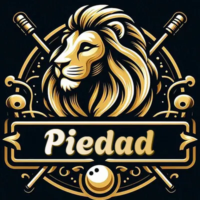 Logo clásico de cabeza de león en oro mate dentro de marco circular, nombre en rectángulo dorado. - Piedad