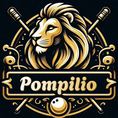 Logo clásico de cabeza de león en oro mate dentro de marco circular, nombre en rectángulo dorado. - Pompilio