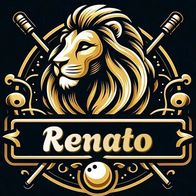 Logo clásico de cabeza de león en oro mate dentro de marco circular, nombre en rectángulo dorado. - Renato