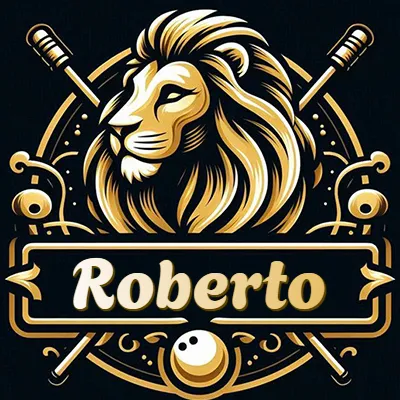 Logo clásico de cabeza de león en oro mate dentro de marco circular, nombre en rectángulo dorado. - Roberto