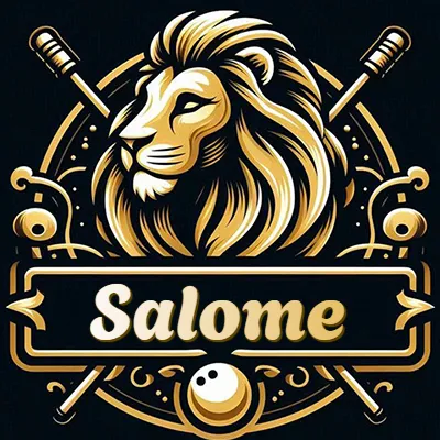 Logo clásico de cabeza de león en oro mate dentro de marco circular, nombre en rectángulo dorado. - Salome