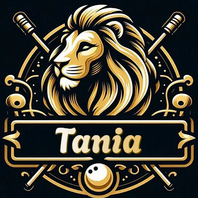 Logo clásico de cabeza de león en oro mate dentro de marco circular, nombre en rectángulo dorado. - Tania