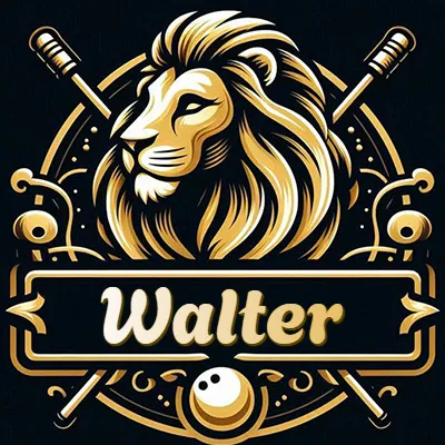 Logo clásico de cabeza de león en oro mate dentro de marco circular, nombre en rectángulo dorado. - Walter