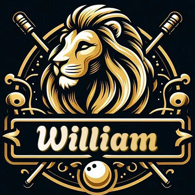 Logo clásico de cabeza de león en oro mate dentro de marco circular, nombre en rectángulo dorado. - William Logo clásico de cabeza de león en oro mate dentro de marco circular, nombre en rectángulo dorado. - William