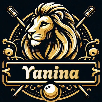 Logo clásico de cabeza de león en oro mate dentro de marco circular, nombre en rectángulo dorado. - Yanina