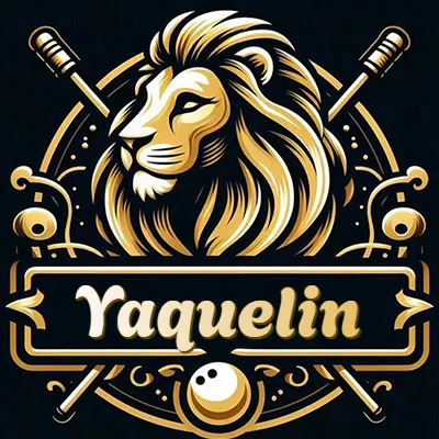 Logo clásico de cabeza de león en oro mate dentro de marco circular, nombre en rectángulo dorado. - Yaquelin