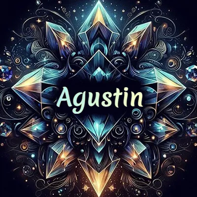 Formación geométrica compleja de cristales y diamantes dispuestos en forma de flor o estrella radiante, donde se entrelazan colores azules y dorados con toques de luz fascinantes y detalles artísticos precisos. El nombre Agustin está escrito con tipografía fluida simple en el corazón del área negra en el centro del diseño de cristal.