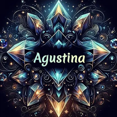 Obra de arte lujosa con cristales y piedras brillantes, nombre en el centro sobre fondo oscuro. - Agustin