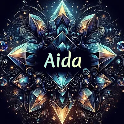 Obra de arte lujosa con cristales y piedras brillantes, nombre en el centro sobre fondo oscuro. - Aida