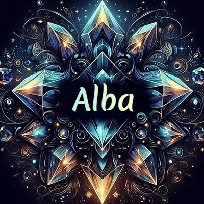 Obra de arte lujosa con cristales y piedras brillantes, nombre en el centro sobre fondo oscuro. - Alba