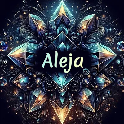 Formación geométrica compleja de cristales y diamantes dispuestos en forma de flor o estrella radiante, donde se entrelazan colores azules y dorados con toques de luz fascinantes y detalles artísticos precisos. El nombre Aleja está escrito con tipografía fluida simple en el corazón del área negra en el centro del diseño de cristal.