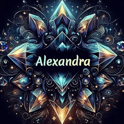 Obra de arte lujosa con cristales y piedras brillantes, nombre en el centro sobre fondo oscuro. - Alex