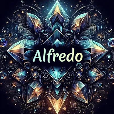 Obra de arte lujosa con cristales y piedras brillantes, nombre en el centro sobre fondo oscuro. - Alfredo Obra de arte lujosa con cristales y piedras brillantes, nombre en el centro sobre fondo oscuro. - Alfredo