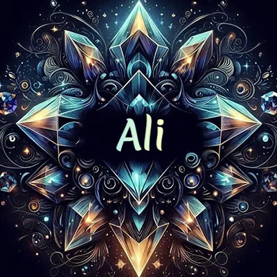 Formación geométrica compleja de cristales y diamantes dispuestos en forma de flor o estrella radiante, donde se entrelazan colores azules y dorados con toques de luz fascinantes y detalles artísticos precisos. El nombre Ali está escrito con tipografía fluida simple en el corazón del área negra en el centro del diseño de cristal.