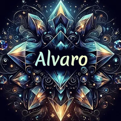 Obra de arte lujosa con cristales y piedras brillantes, nombre en el centro sobre fondo oscuro. - Alvaro