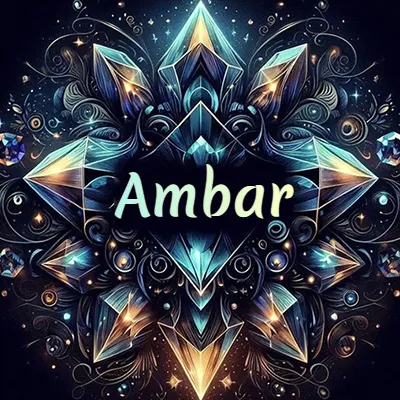 Obra de arte lujosa con cristales y piedras brillantes, nombre en el centro sobre fondo oscuro. - Ambar