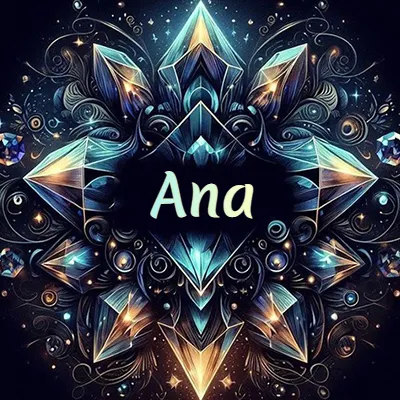 Formación geométrica compleja de cristales y diamantes dispuestos en forma de flor o estrella radiante, donde se entrelazan colores azules y dorados con toques de luz fascinantes y detalles artísticos precisos. El nombre Ana está escrito con tipografía fluida simple en el corazón del área negra en el centro del diseño de cristal.