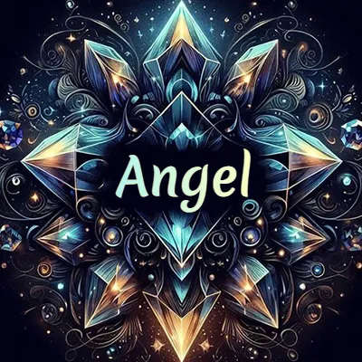 Formación geométrica compleja de cristales y diamantes dispuestos en forma de flor o estrella radiante, donde se entrelazan colores azules y dorados con toques de luz fascinantes y detalles artísticos precisos. El nombre Angel está escrito con tipografía fluida simple en el corazón del área negra en el centro del diseño de cristal.