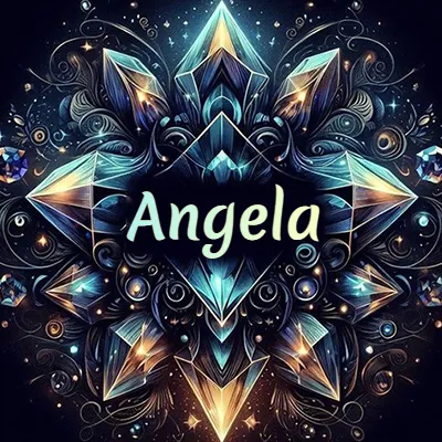 Obra de arte lujosa con cristales y piedras brillantes, nombre en el centro sobre fondo oscuro. - Angel