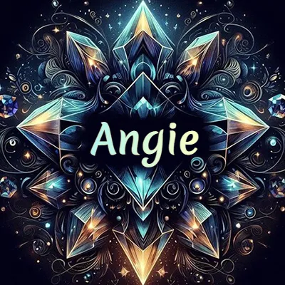 Obra de arte lujosa con cristales y piedras brillantes, nombre en el centro sobre fondo oscuro. - Angie Obra de arte lujosa con cristales y piedras brillantes, nombre en el centro sobre fondo oscuro. - Angie
