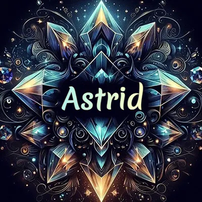 Obra de arte lujosa con cristales y piedras brillantes, nombre en el centro sobre fondo oscuro. - Astrid