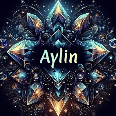 Obra de arte lujosa con cristales y piedras brillantes, nombre en el centro sobre fondo oscuro. - Aylin