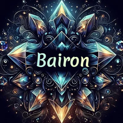 Obra de arte lujosa con cristales y piedras brillantes, nombre en el centro sobre fondo oscuro. - Bairon