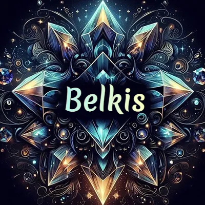 Obra de arte lujosa con cristales y piedras brillantes, nombre en el centro sobre fondo oscuro. - Belkis