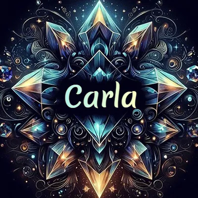Obra de arte lujosa con cristales y piedras brillantes, nombre en el centro sobre fondo oscuro. - Carla